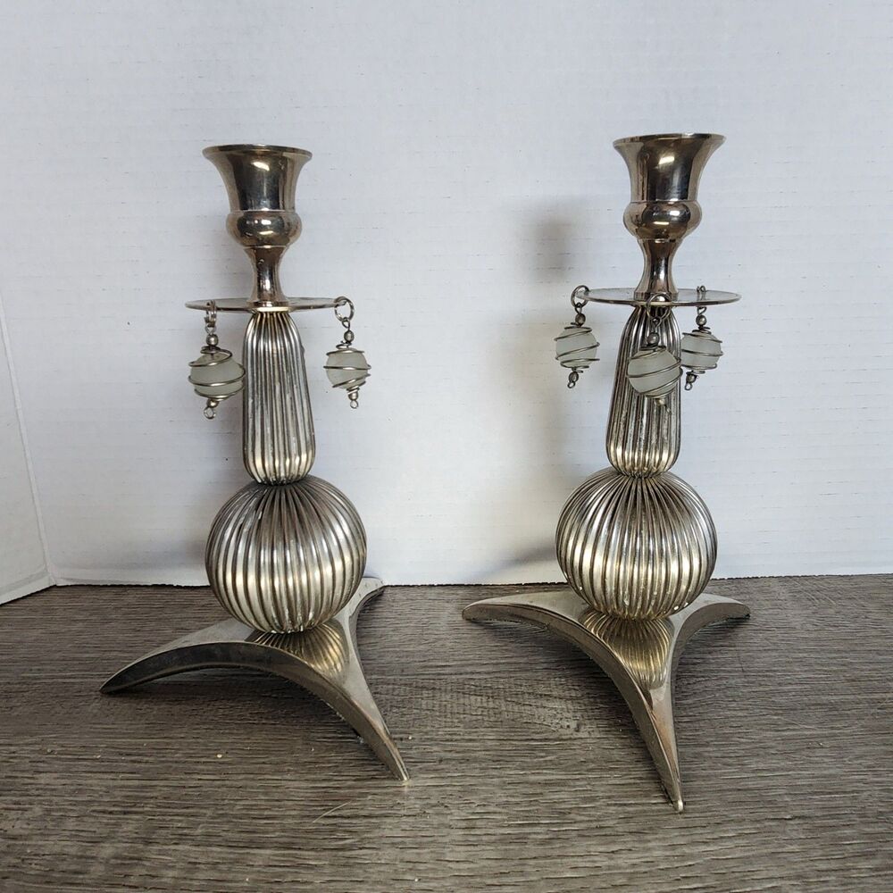 Pair Silvertone Candlestick Holders Art Deco/MCM style Atomic shape